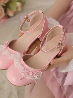 Sweet Lolita Footwear Pink Color Block Bows Ruffles Lace Round Toe Lolita Pumps