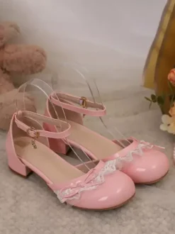 Sweet Lolita Footwear Pink Color Block Bows Ruffles Lace Round Toe Lolita Pumps