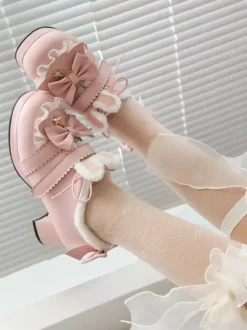Sweet Lolita Footwear Pink Bows Round Toe PU Leather Lolita Pumps