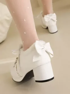 Sweet Lolita Footwear Pink Bows Round Toe PU Leather Lolita Pumps