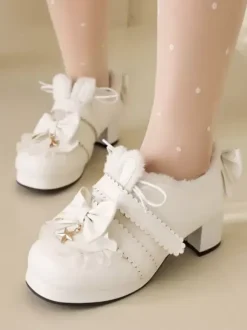Sweet Lolita Footwear Pink Bows Round Toe PU Leather Lolita Pumps
