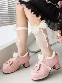 Sweet Lolita Footwear Pink Bows Round Toe PU Leather Lolita Pumps