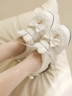 Sweet Lolita Footwear Pink Bows Round Toe PU Leather Lolita Pumps