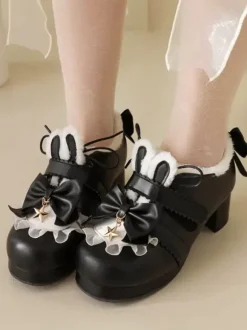 Sweet Lolita Footwear Pink Bows Round Toe PU Leather Lolita Pumps