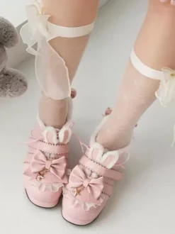 Sweet Lolita Footwear Pink Bows Round Toe PU Leather Lolita Pumps