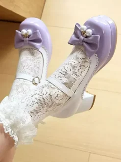 Sweet Lolita Footwear Purple Color Block Pearls Bows Round Toe PU Leather Lolita Shoes