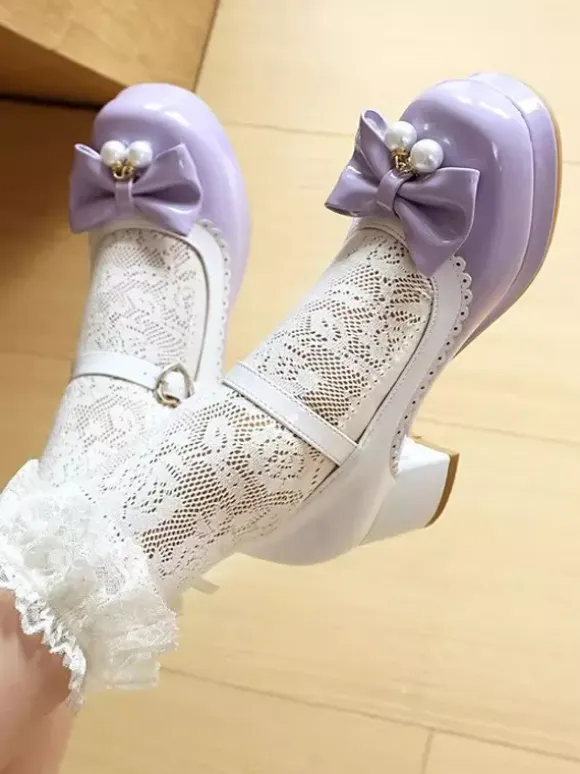 Sweet Lolita Footwear Purple Color Block Pearls Bows Round Toe PU Leather Lolita Shoes