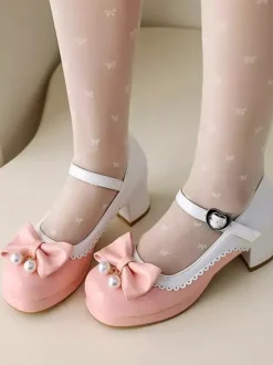 Sweet Lolita Footwear Purple Color Block Pearls Bows Round Toe PU Leather Lolita Shoes