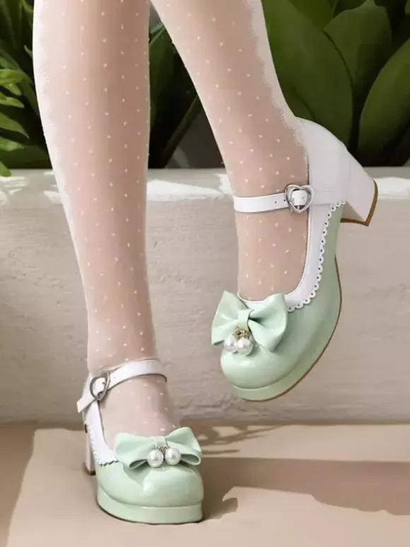 Sweet Lolita Footwear Purple Color Block Pearls Bows Round Toe PU Leather Lolita Shoes