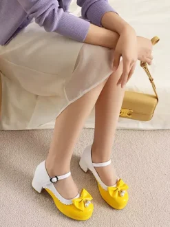 Sweet Lolita Footwear Purple Color Block Pearls Bows Round Toe PU Leather Lolita Shoes