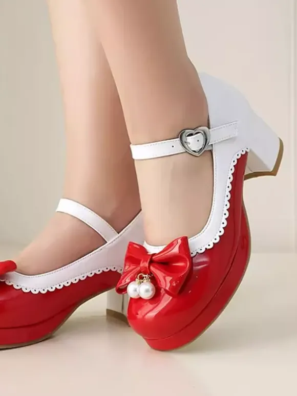Sweet Lolita Footwear Purple Color Block Pearls Bows Round Toe PU Leather Lolita Shoes
