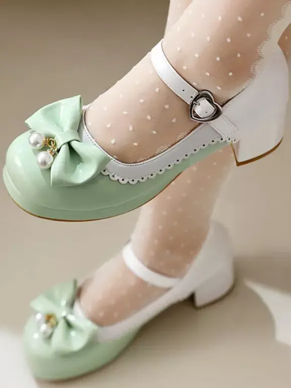 Sweet Lolita Footwear Purple Color Block Pearls Bows Round Toe PU Leather Lolita Shoes