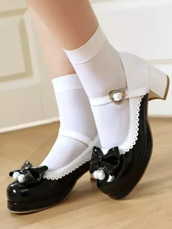 Sweet Lolita Footwear Purple Color Block Pearls Bows Round Toe PU Leather Lolita Shoes