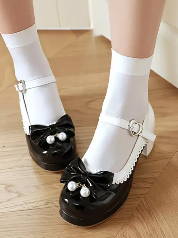 Sweet Lolita Footwear Purple Color Block Pearls Bows Round Toe PU Leather Lolita Shoes