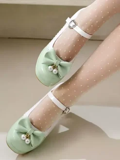 Sweet Lolita Footwear Purple Color Block Pearls Bows Round Toe PU Leather Lolita Shoes