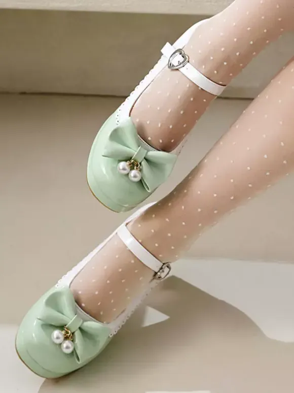 Sweet Lolita Footwear Purple Color Block Pearls Bows Round Toe PU Leather Lolita Shoes