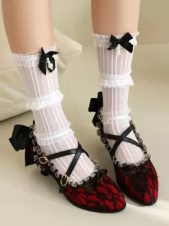 Sweet Lolita Footwear Red Lace Bows Round Toe Lace Lolita Pumps