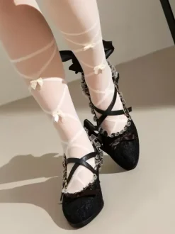 Sweet Lolita Footwear Red Lace Bows Round Toe Lace Lolita Pumps