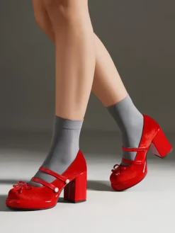 Sweet Lolita Footwear Red Metal Details Bows Round Toe Nubuck Lolita Pumps