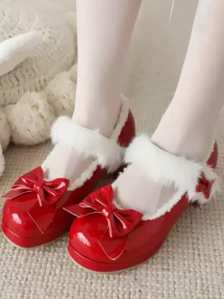 Sweet Lolita Footwear Red Bows Round Toe PU Leather Lolita Shoes