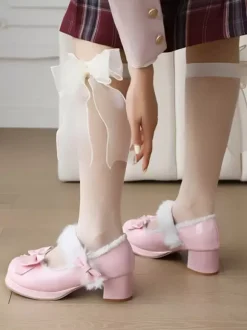 Sweet Lolita Footwear Red Bows Round Toe PU Leather Lolita Shoes