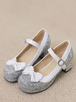 Sweet Lolita Footwear Silver Bows Sequins Round Toe PU Leather Lolita Shoes