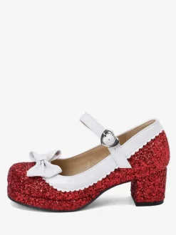 Sweet Lolita Footwear Silver Bows Sequins Round Toe PU Leather Lolita Shoes