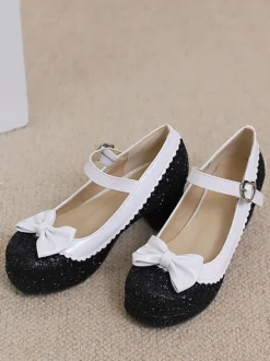 Sweet Lolita Footwear Silver Bows Sequins Round Toe PU Leather Lolita Shoes
