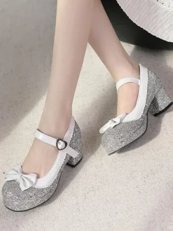 Sweet Lolita Footwear Silver Bows Sequins Round Toe PU Leather Lolita Shoes