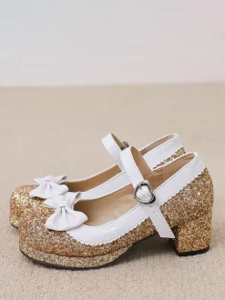 Sweet Lolita Footwear Silver Bows Sequins Round Toe PU Leather Lolita Shoes