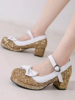 Sweet Lolita Footwear Silver Bows Sequins Round Toe PU Leather Lolita Shoes