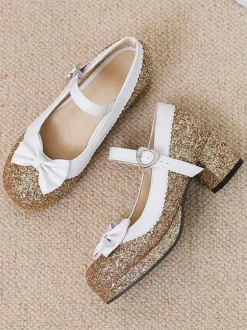 Sweet Lolita Footwear Silver Bows Sequins Round Toe PU Leather Lolita Shoes