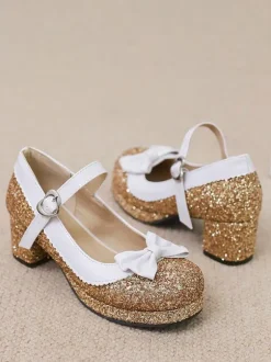 Sweet Lolita Footwear Silver Bows Sequins Round Toe PU Leather Lolita Shoes