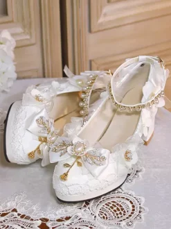 Sweet Lolita Footwear White Pearls Chains Bows Pointed Toe PU Leather Lolita Pumps
