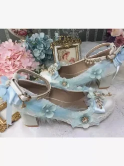 Sweet Lolita Footwear White Pearls Chains Bows Pointed Toe PU Leather Lolita Pumps