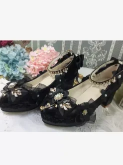 Sweet Lolita Footwear White Pearls Chains Bows Pointed Toe PU Leather Lolita Pumps