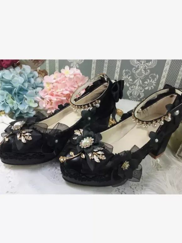 Sweet Lolita Footwear White Pearls Chains Bows Pointed Toe PU Leather Lolita Pumps