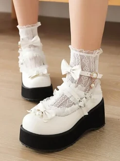 Sweet Lolita Footwear White Pearls Bows PU Leather Wedge Heel Lolita Pumps