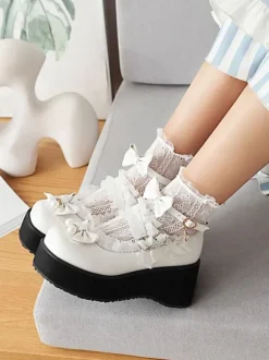Sweet Lolita Footwear White Pearls Bows PU Leather Wedge Heel Lolita Pumps
