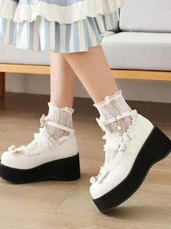 Sweet Lolita Footwear White Pearls Bows PU Leather Wedge Heel Lolita Pumps