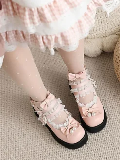 Sweet Lolita Footwear White Pearls Bows PU Leather Wedge Heel Lolita Pumps