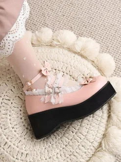 Sweet Lolita Footwear White Pearls Bows PU Leather Wedge Heel Lolita Pumps
