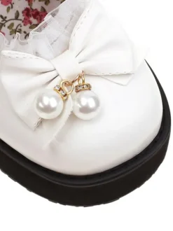 Sweet Lolita Footwear White Pearls Bows PU Leather Wedge Heel Lolita Pumps