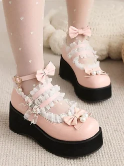 Sweet Lolita Footwear White Pearls Bows PU Leather Wedge Heel Lolita Pumps