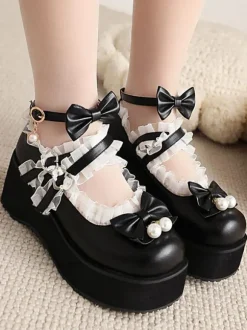 Sweet Lolita Footwear White Pearls Bows PU Leather Wedge Heel Lolita Pumps