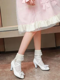 Sweet Lolita Footwear White Bows Leather Prism Heel Lolita Shoes