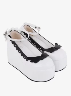 Sweet Lolita Footwear White Two-Tone Butterfly Round Toe PU Leather Lolita Pumps