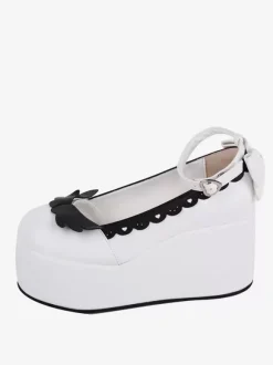 Sweet Lolita Footwear White Two-Tone Butterfly Round Toe PU Leather Lolita Pumps