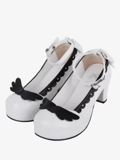 Sweet Lolita Footwear White Bow Bows Round Toe PU Leather Lolita Pumps