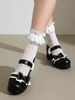 Sweet Lolita Footwear White Bows Ruffles Round Toe PU Leather Lolita Pumps